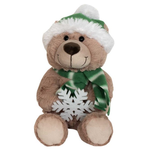 Χριστουγεννιάτικο Λούτρινο Αρκουδάκι Καφέ, με Πράσινο Κασκόλ και Σκούφο (20cm)
